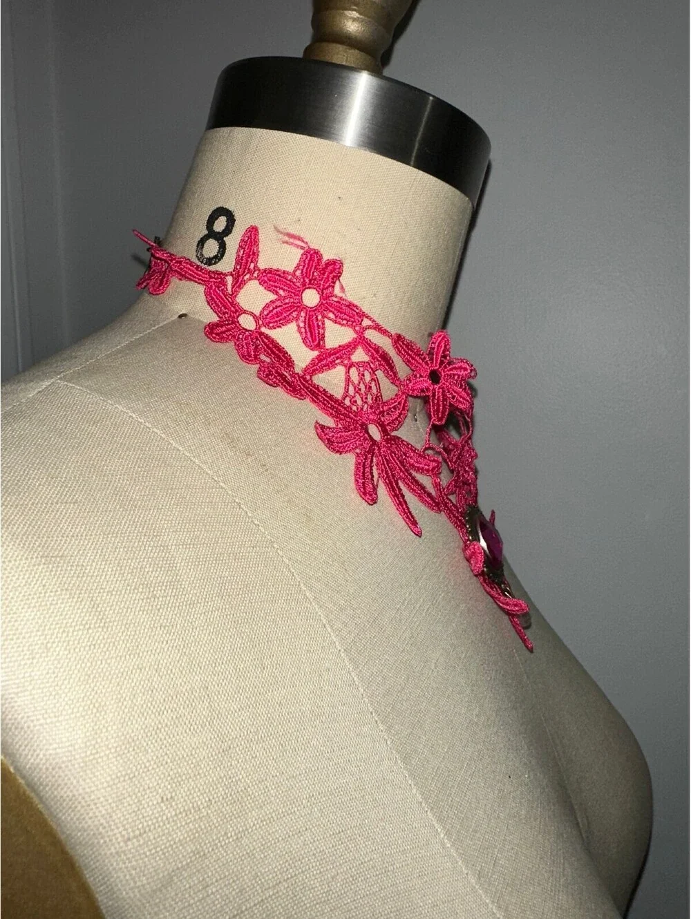 Pink Lace Choker Necklace with Purple Accent Dangle